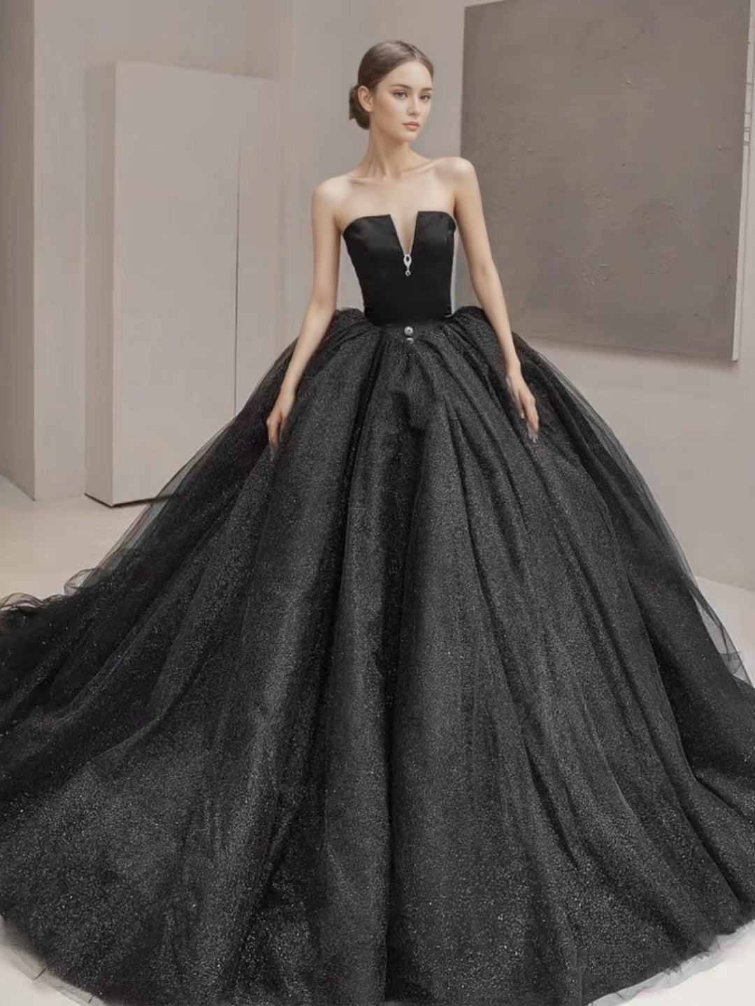 Gothic Off Shoulder Black Deep V-neck Wedding Dress With Train Ball Gown Plus Size
