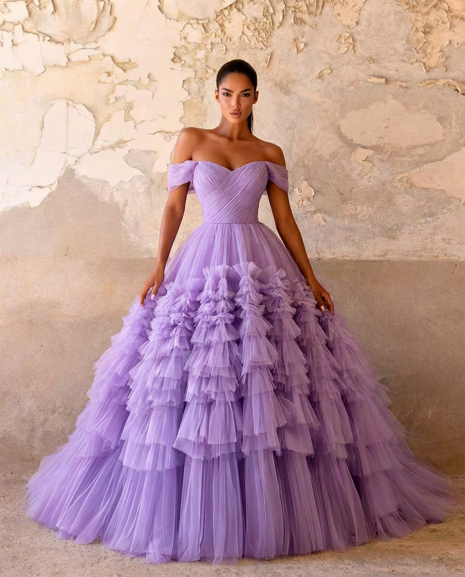 purple tiered tulle dress Elegant Woman Purple Ball Gown - Layered Tulle Ruffle Dress with Corset Back