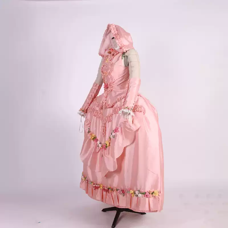 Pink Rococo Ball Gown with Floral Lace and Ruffled Detailing – Victorian-Inspired Wedding Dress with Long Sleeves and Hood Plus Size