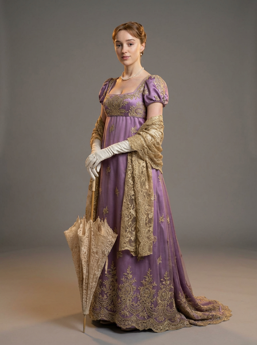 Bridgerton Daphne Inspired Regency Empire Waist Purple Embroidered Dress with Puff Sleeve Plus Size