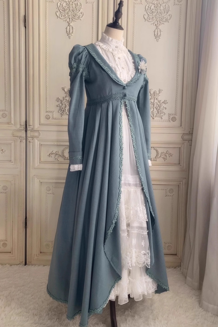 Dusty Blue Regency Era Dress – Long Sleeve Regency Gown with Empire Waist and Lace Trim Plus Size