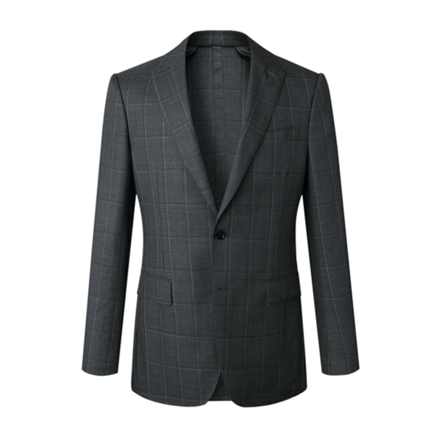 Grey Plaid Suit Blazer with Peak Lapel and Flap Pockets for Men Plus Size
