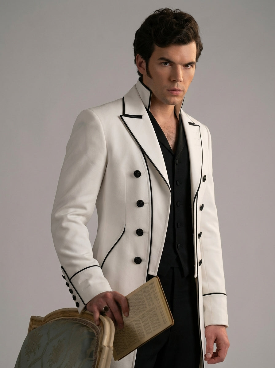 White Regency Tailcoat with Black Trim - Bridgerton-Inspired Men's