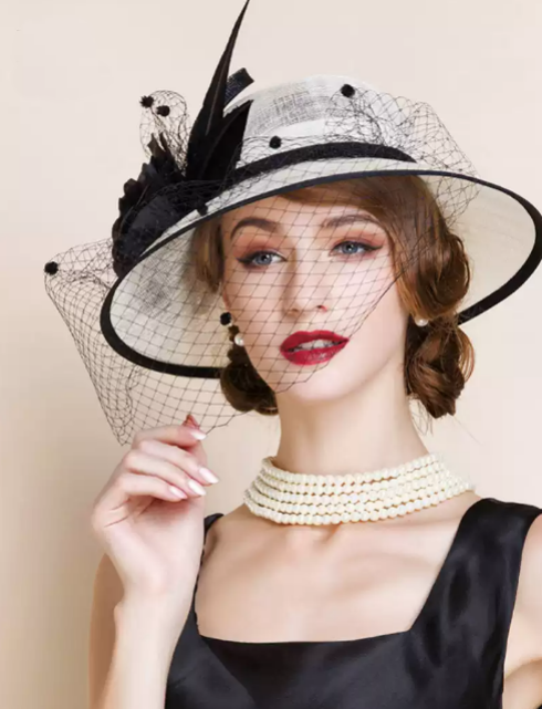 Elegant Beige Linen Hat with Black Floral Embellishments - Bridal Hats with Veil