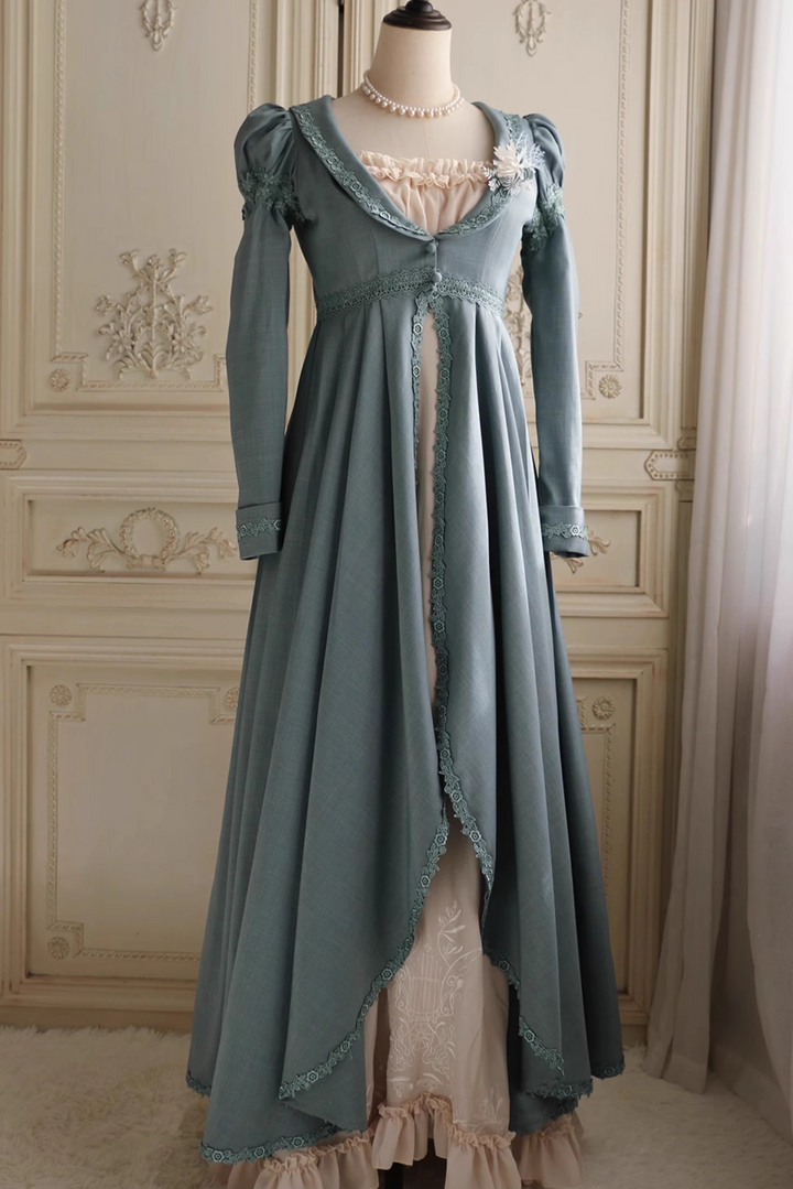 Dusty Blue Regency Era Dress – Long Sleeve Regency Gown with Empire Waist and Lace Trim Plus Size