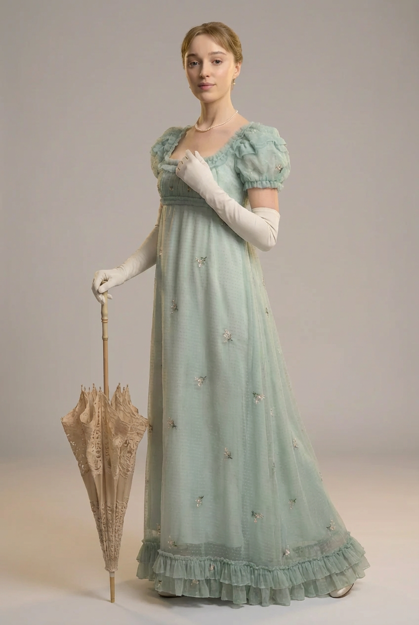 slim fit dress slacks Romantic Mint Green Regency Era Embroidered Dress With Ruffle