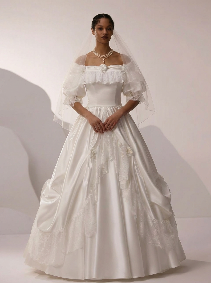 Vintage Off the Shoulder Wedding Dress with Rosette Trim Satin Lace WonderlandByLilian Vintage Off the Shoulder Wedding Dress with Rosette Trim Satin Lace WonderlandByLilian