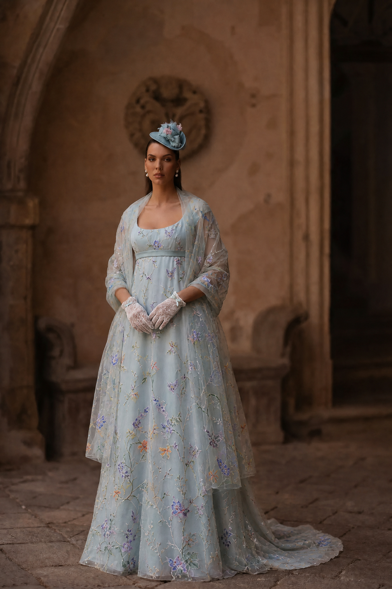 Bridgerton Daphne Blue Dress With Floral Lace Satin
