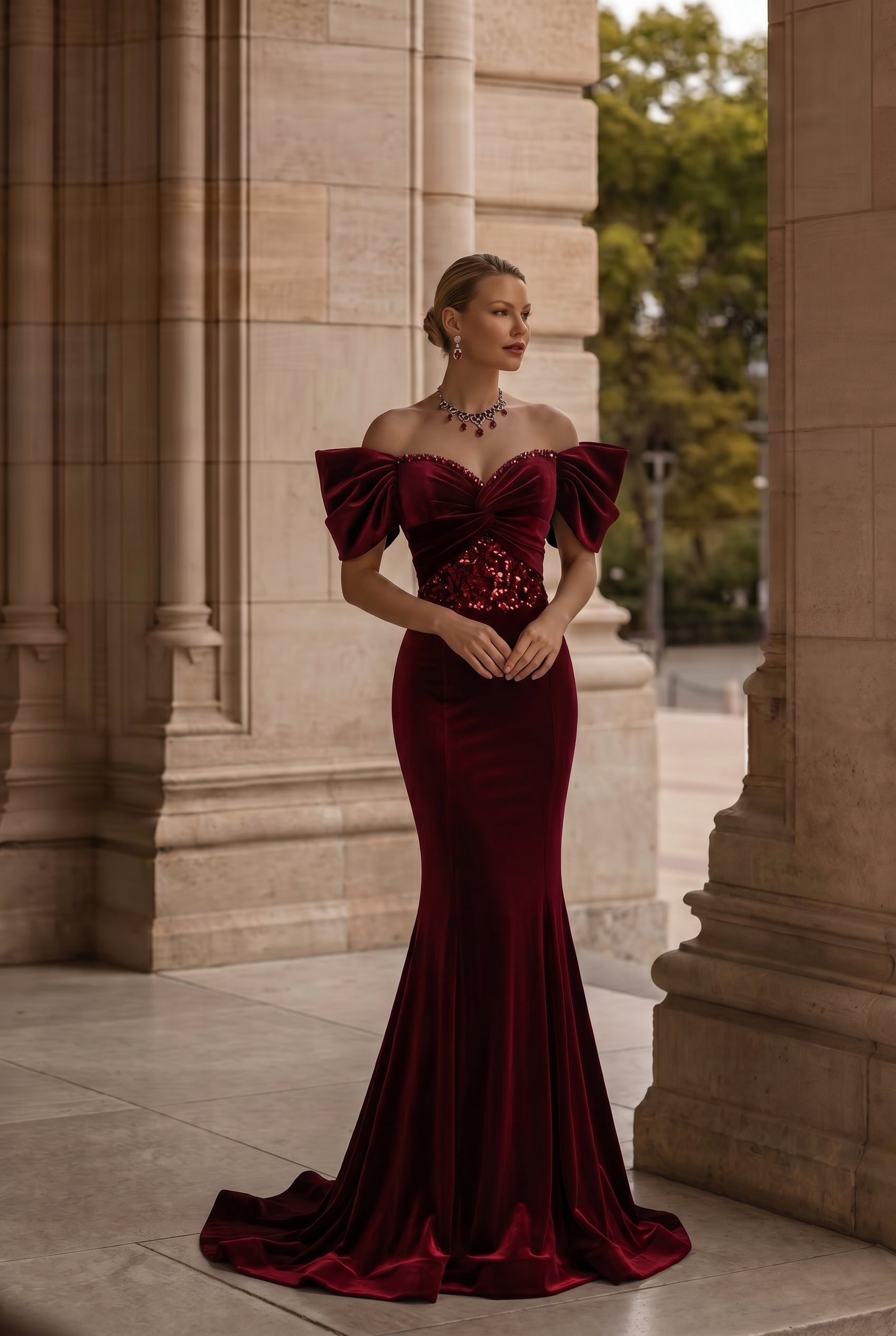 Burgundy Velvet Beaded Formal Dress With Sequins