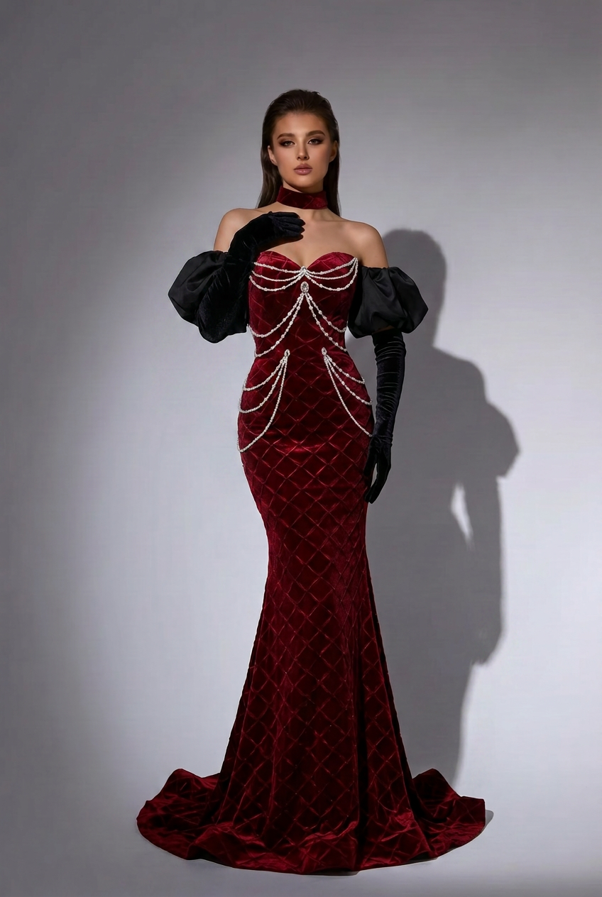 Burgundy Velvet Evening Dress with Pearl Chains - Off-the-Shoulder Dress with Sleeves