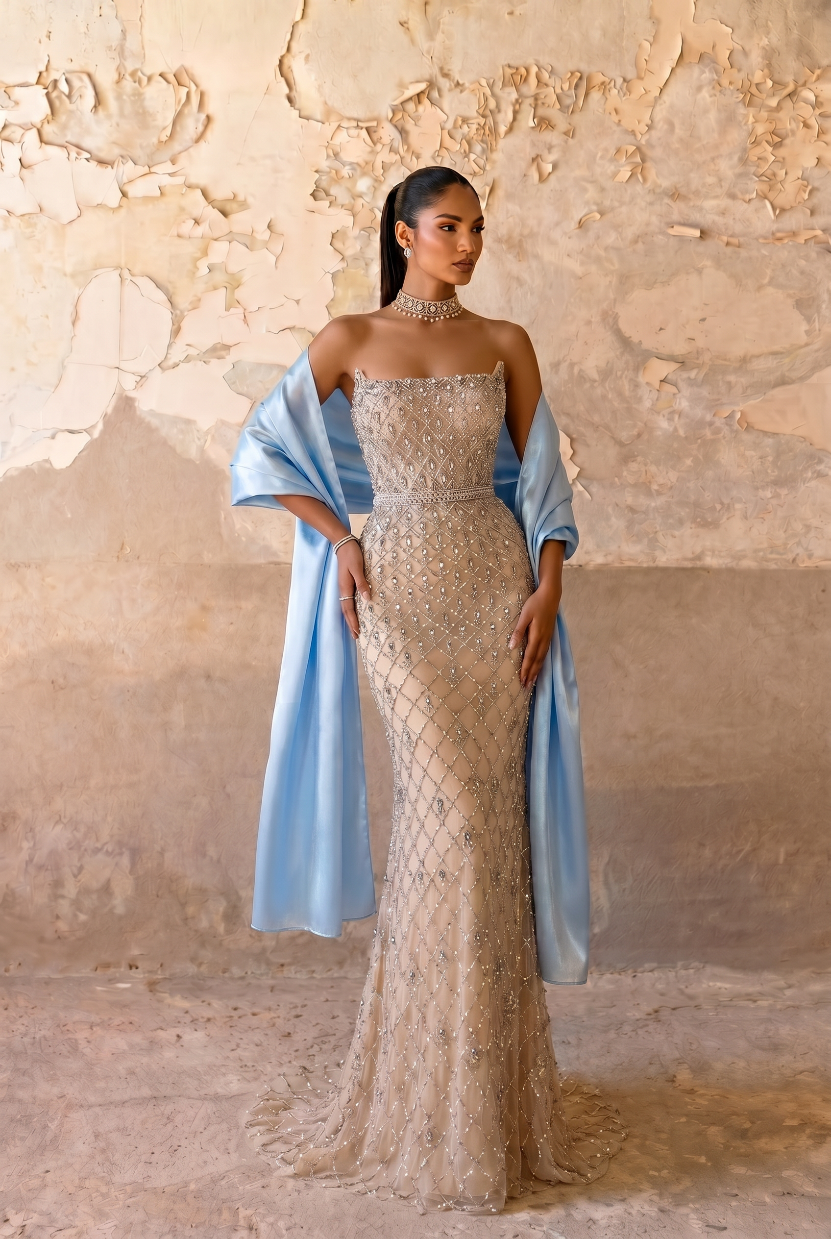 size 22 evening dress Champagne Beaded Mermaid Gown with Strapless Neckline and Detachable Dusty Blue Satin Shawl – Formal Plus Custom made / Champagne Size:US 0 collection::bridal while the floor Color Me Courtney -