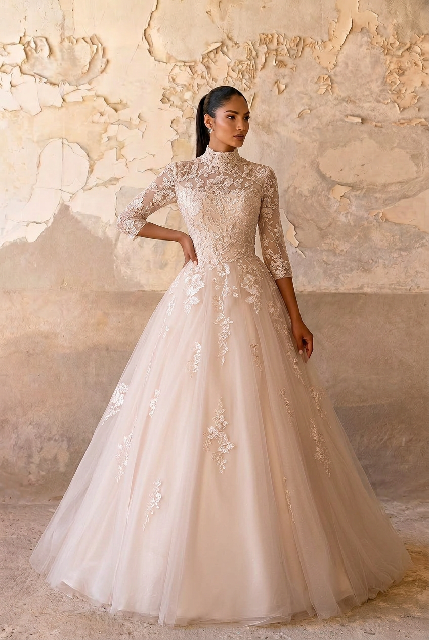 Champagne Pink Lace Ball Gown Wedding Dress with High Neck