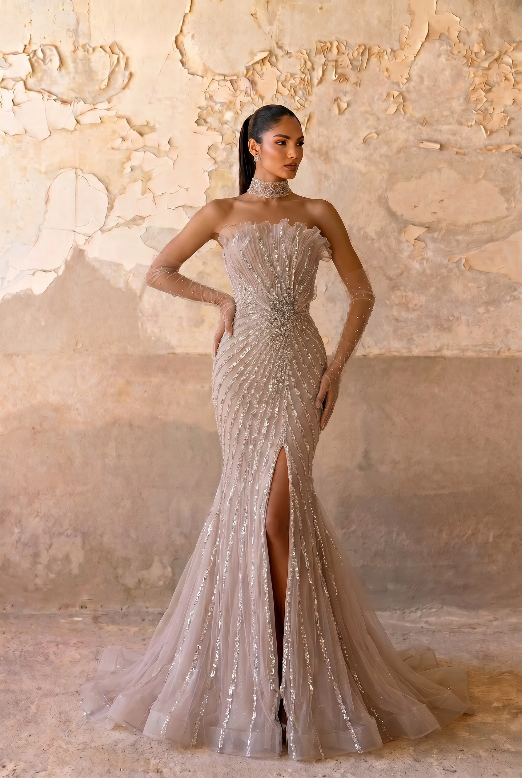 Champagne Pretty Sequin Dress With Side Slit