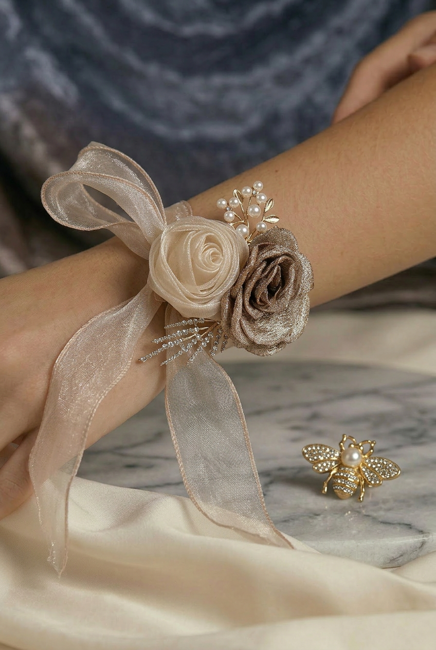Champagne Rose and Pearl Lace Corsage Set – Handmade Wedding & Bridesmaid Accessories (Wrist and Boutonnière)