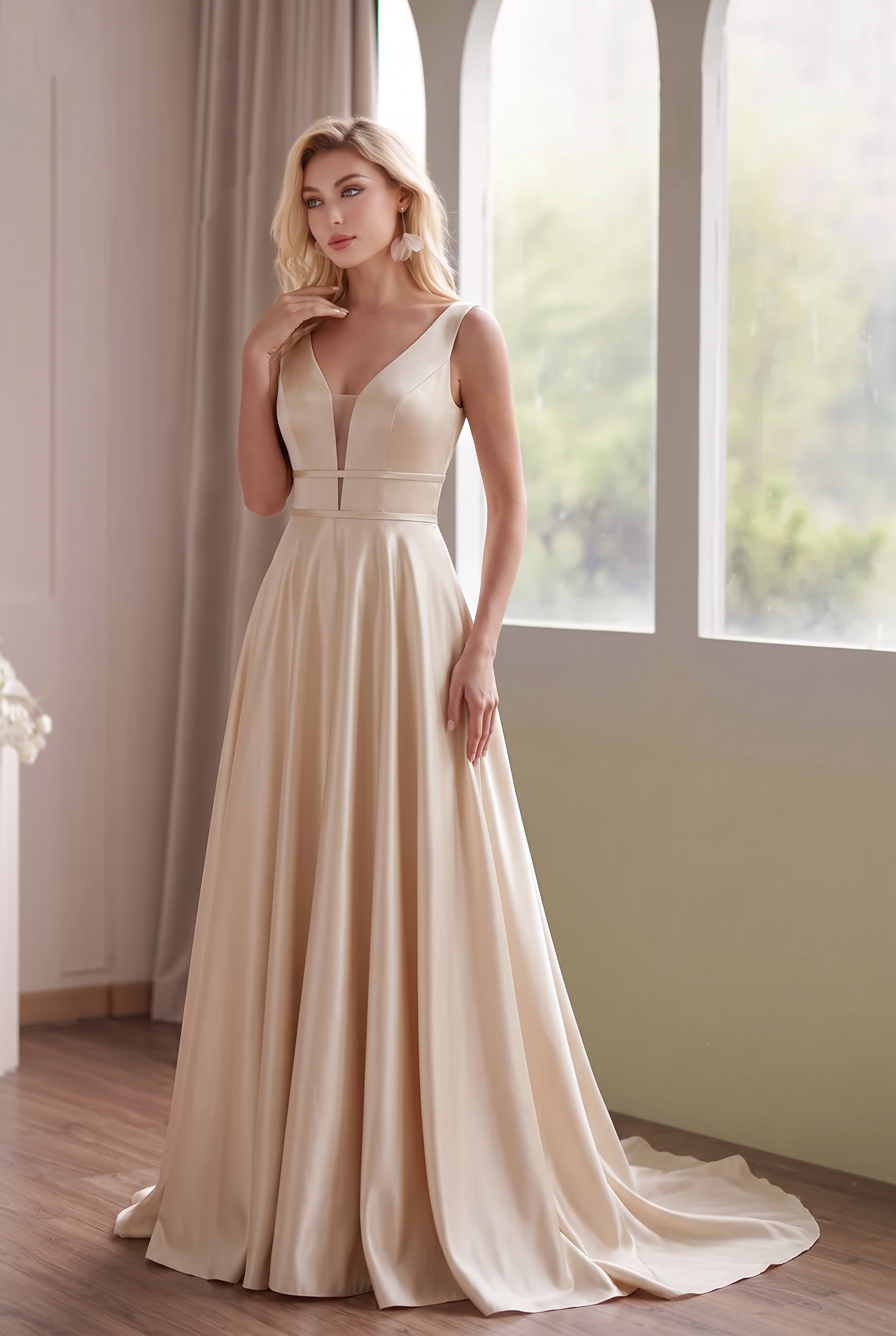 Champagne Satin A-Line Bridesmaid Dresses with Double-Banded Waistline – WonderlandByLilian