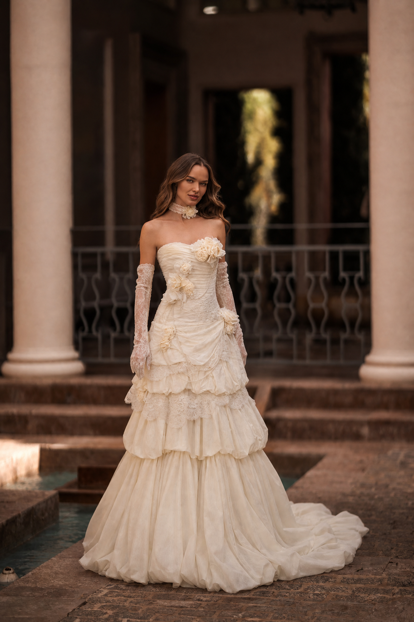 Cream Fairytale Strapless Tiered Gown with Floral Appliqué – Floral Ev – WonderlandByLilian