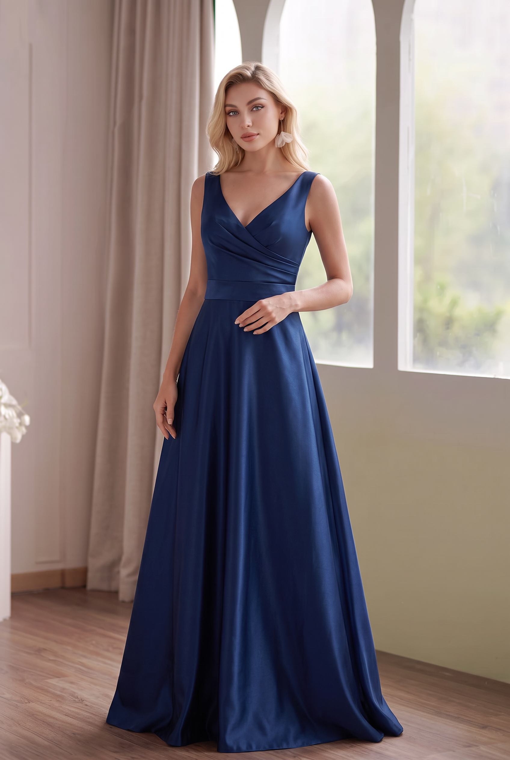 Dark Navy Satin Bridesmaid Dress with Sleeveless