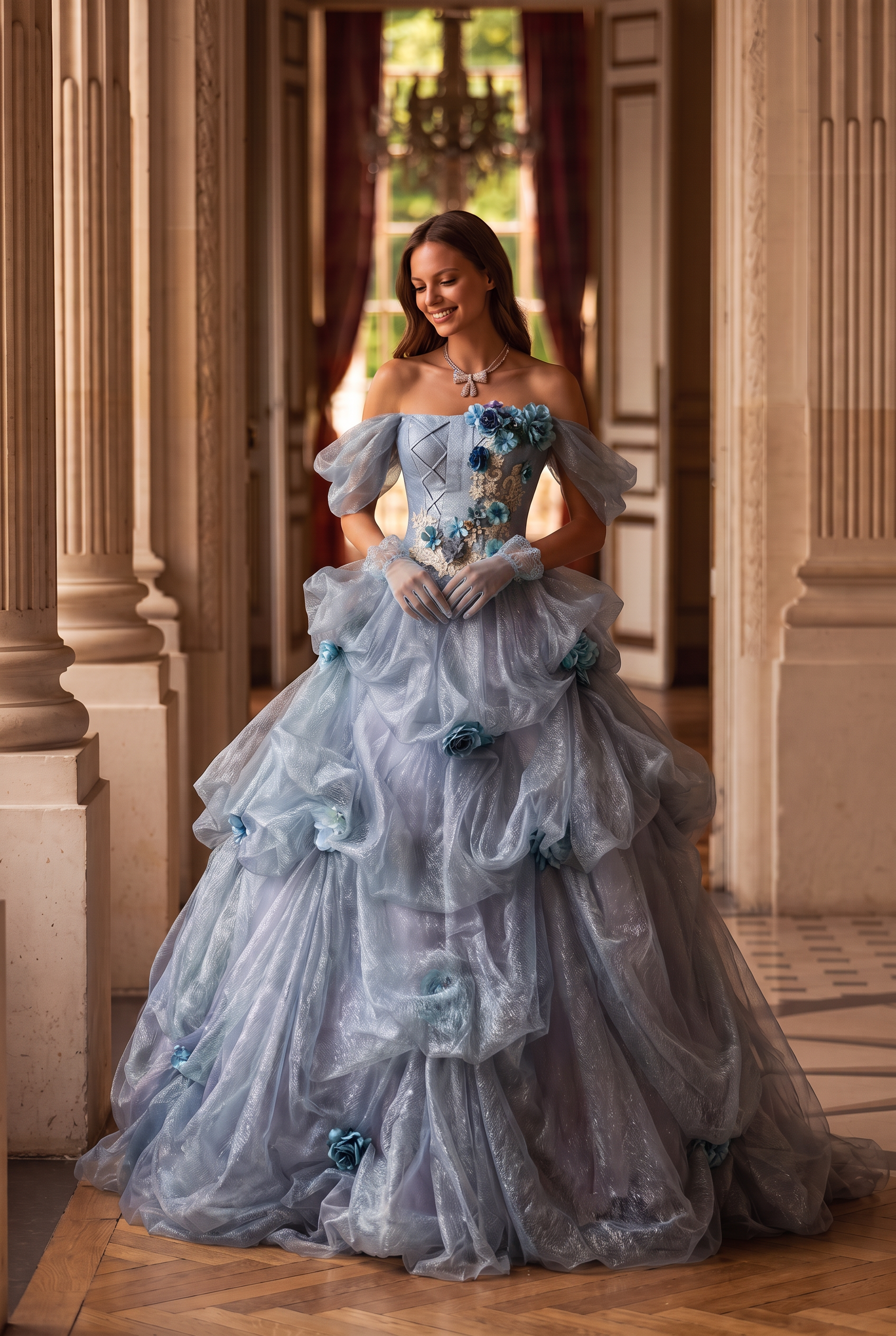 Dusty Blue Off-Shoulder Layered Tulle Ruffle Dress with Floral Appliqué – Floral Evening Dress with Corset Back Plus Size