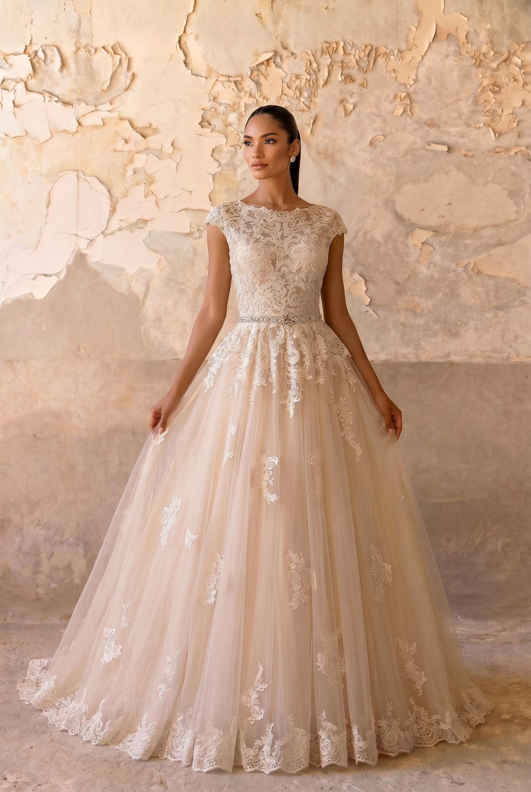 Effortless Elegance: Beige Modest Lace Gauze Dress With Short Sleeves Plus Size Size 28W / Champagne / With Veil