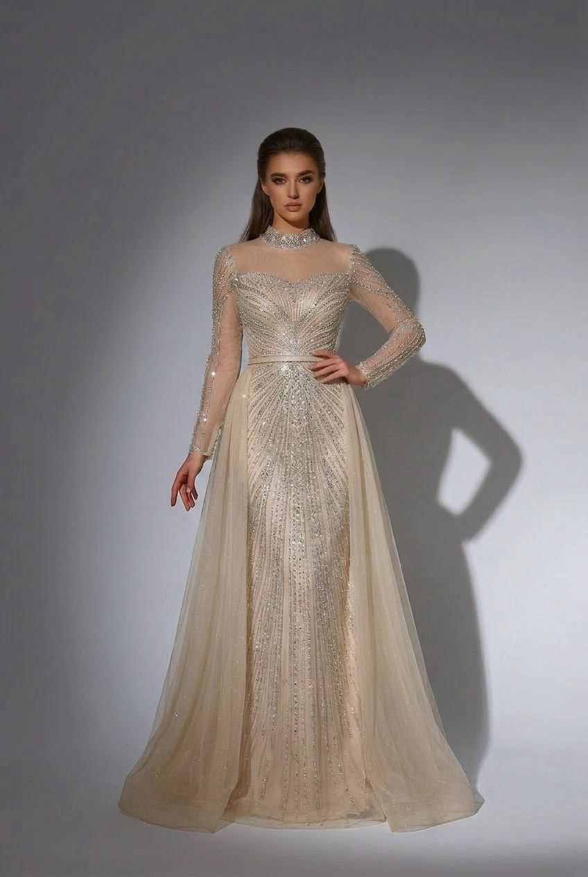 champagne gold dress for wedding guest Elegant Sequin Evening Gown with Tulle - Champagne Size:Poppy Parker tie events 250821 Cowl Flutter Sleeve Satin