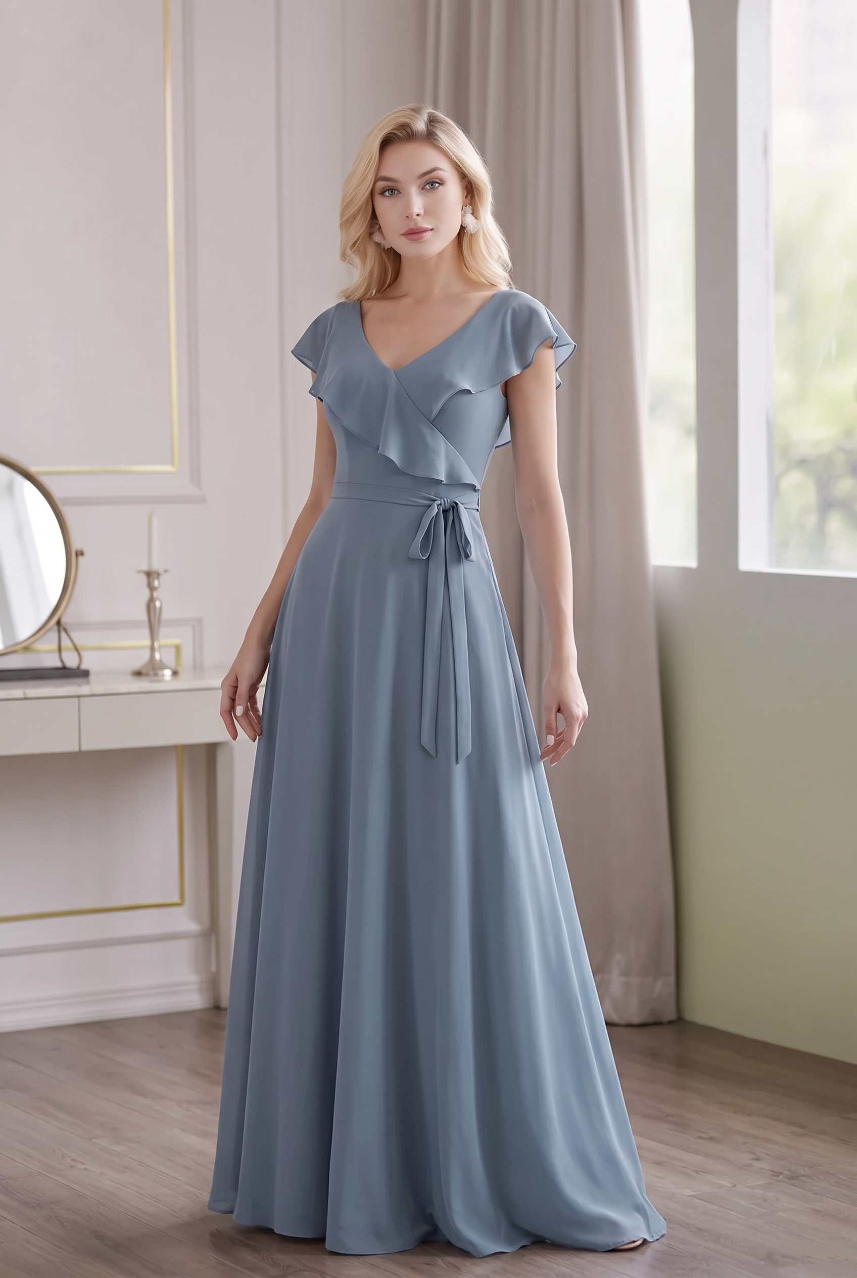 blue grey color dress Elegant A-Line Bridesmaid with Flutter Sleeve - Blue Designer Bridesmaids Dresses with V-Neck - Multiple blue grey bridesmaid dresses