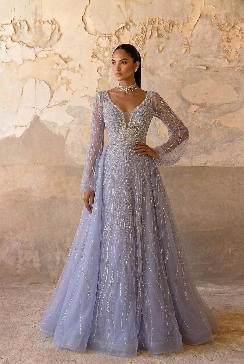 Elegant Light Blue Sequin Evening Gown with Tulle