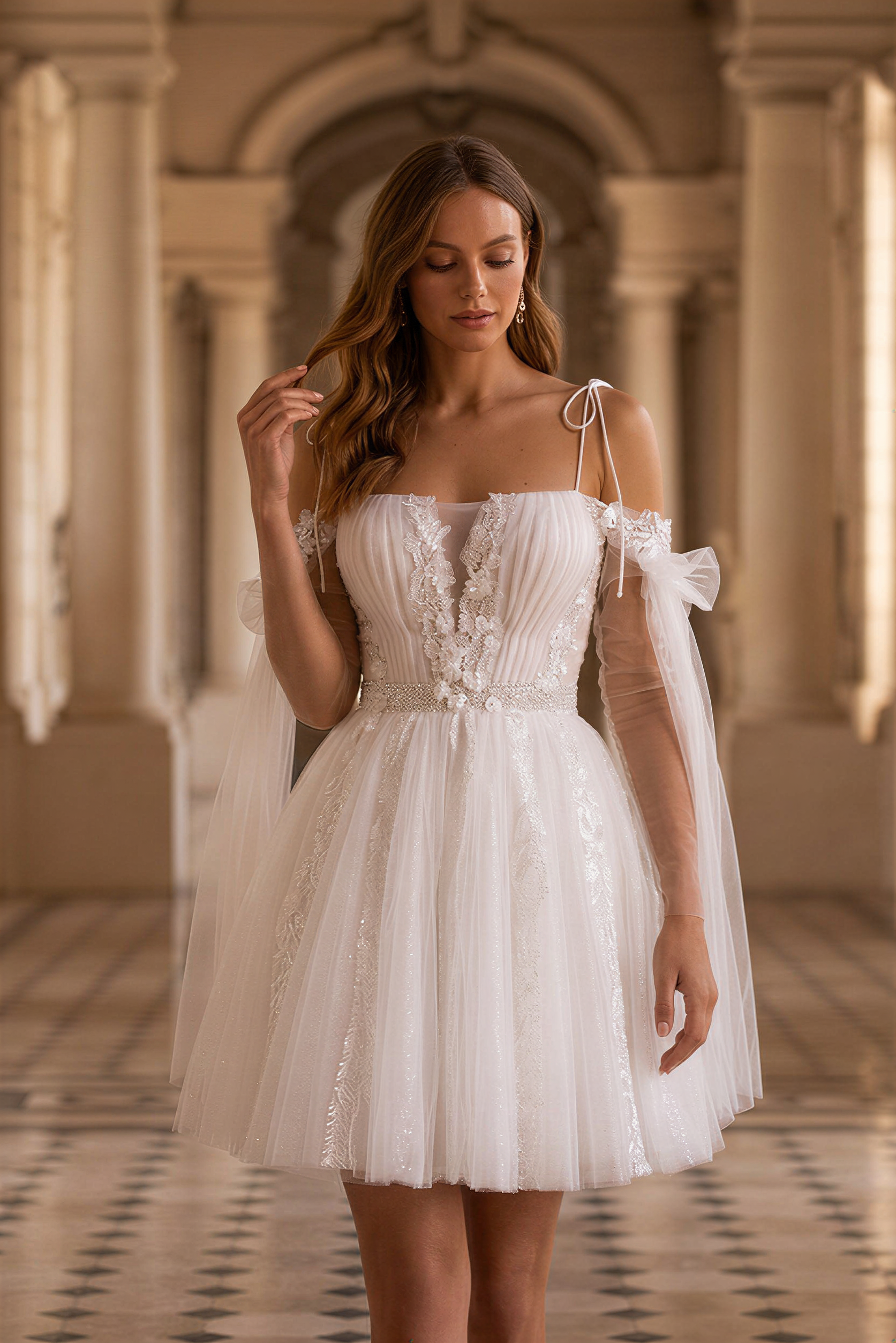 lace short bridal dress 2 in 1 Wedding Shiori with Detachable Protea Skirt Olivia Bottega quality geometric print lace for a unique and dreamy feel Available in standard sizing only Enchanting Off-Shoulder Short Lace Wedding