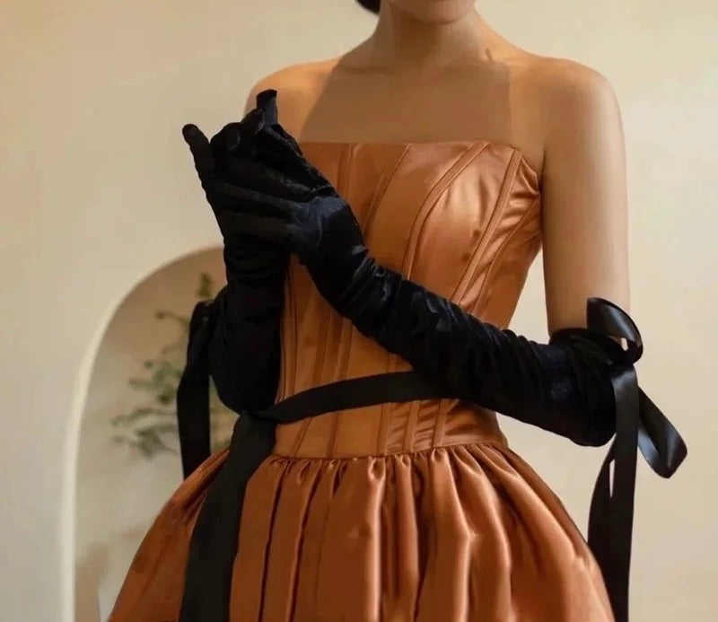 Black Long Velvet Evening Gloves with Bows
