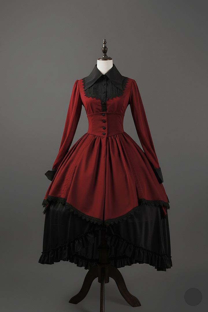 Victorian-Inspired Gothic Red and Black Lace Ball Gown with High Collar – Vampire Duchess Satin Evening Dress Plus Size