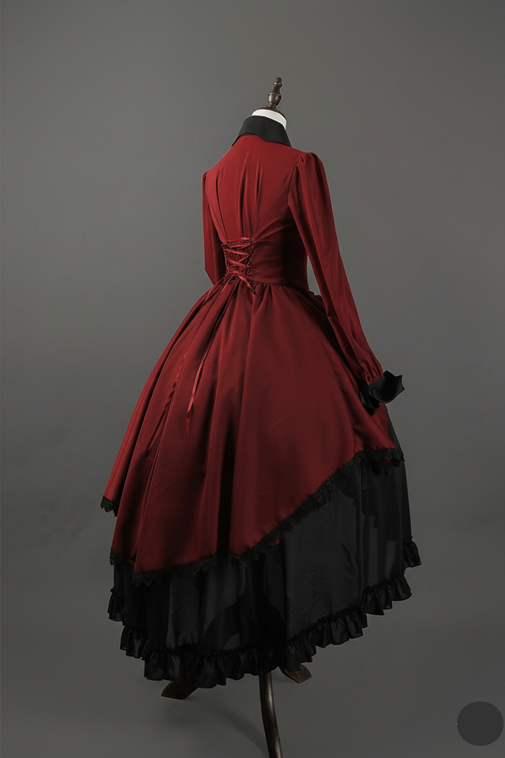 Victorian-Inspired Gothic Red and Black Lace Ball Gown with High Collar – Vampire Duchess Satin Evening Dress Plus Size