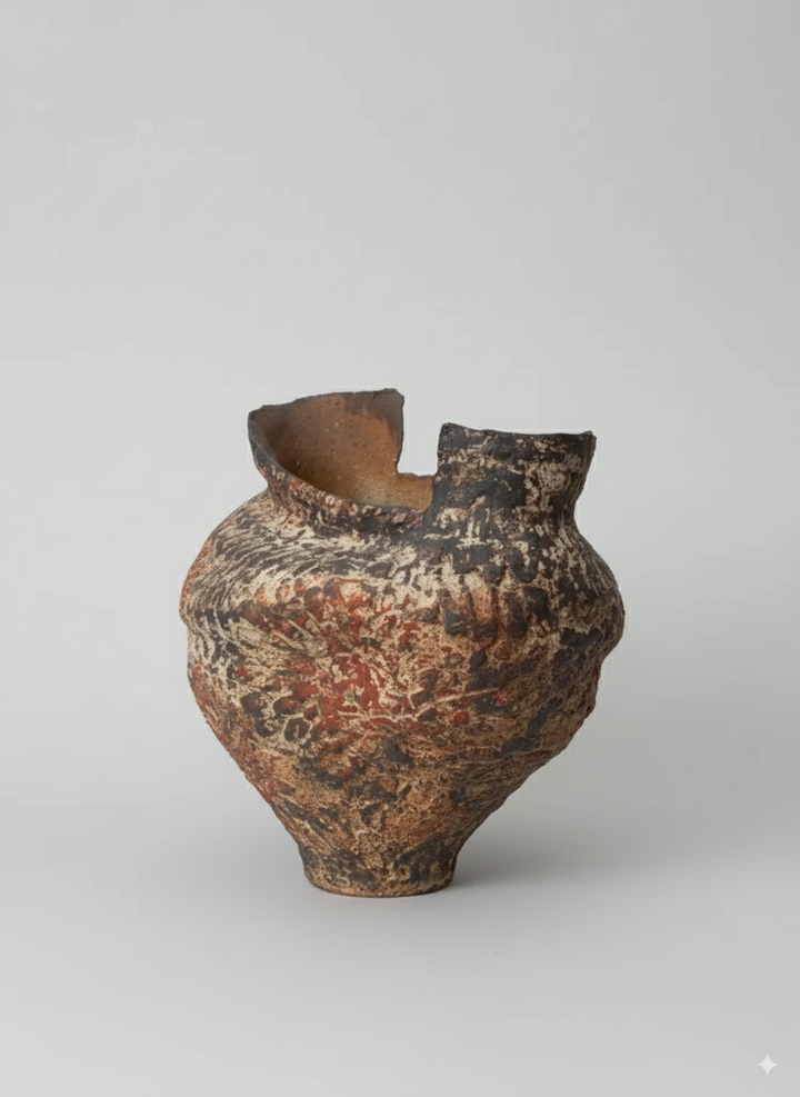 Antique Moroccan Handmade Brown Rustic Ceramic Vase with Rock Texture and Sand Conch Style Decorative Pottery Piece