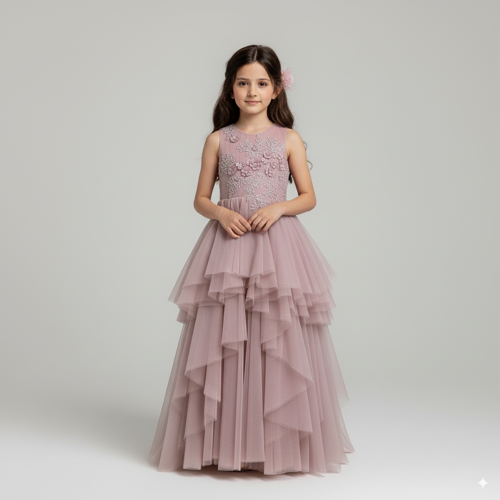 Dusty Rose Pink Layered Tulle Flower Girl Dress with 3D Floral Appliqué – Special Occasion Flower Girl Dress Plus Size
