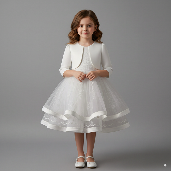 White Two-Piece Flower Girl Dress with Jacket – Elegant Tulle Wedding Flower Girl Dress Plus Size