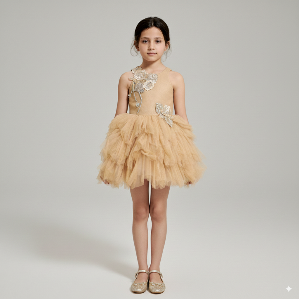 Golden Tulle Flower Girl Dress with 3D Floral Appliqué – Special Occasion Flower Girl Dress with Cape Plus Size