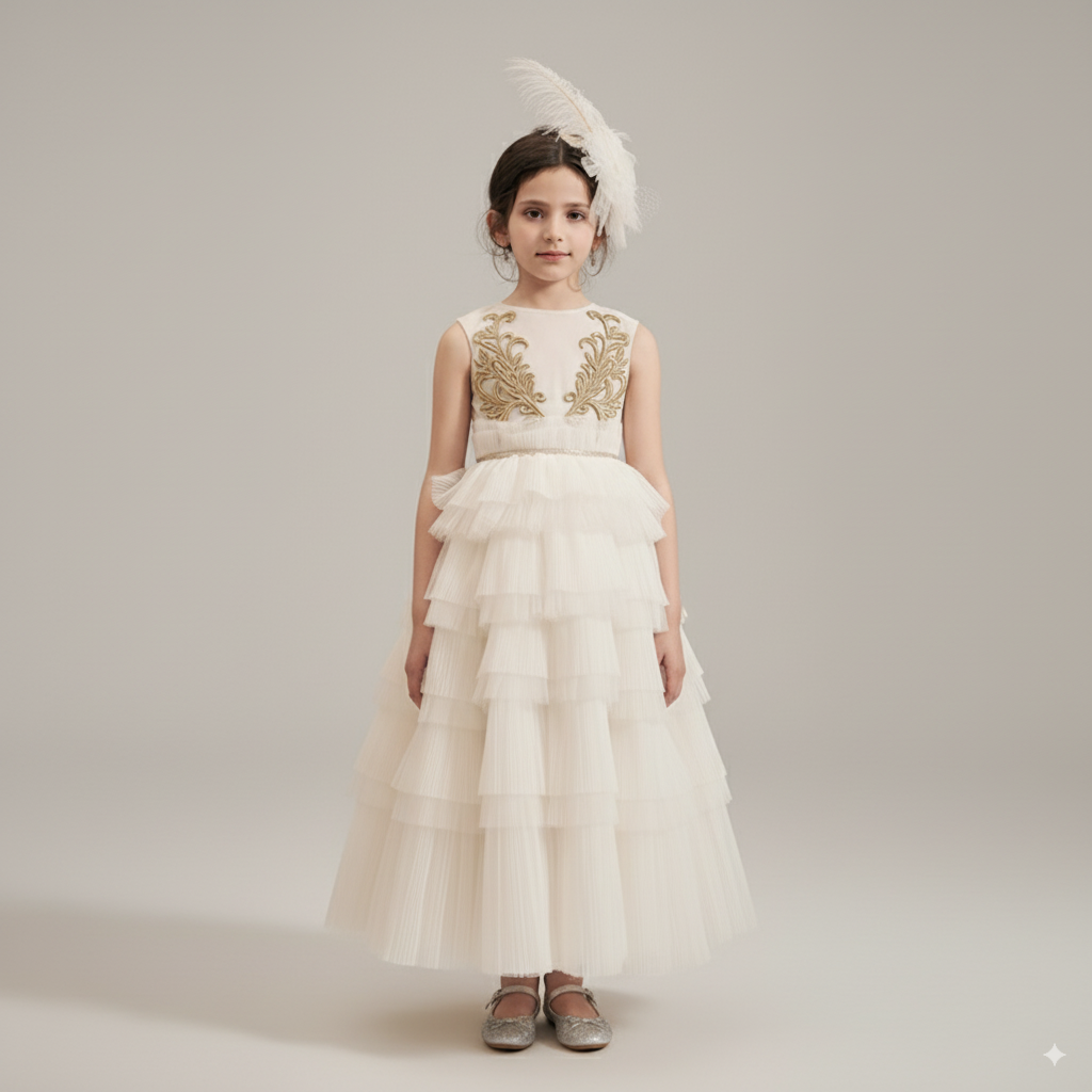 Ivory Layered Tulle Flower Girl Dress with Gold Embroidery – Special Occasion  Flower Girl Dress Plus Size