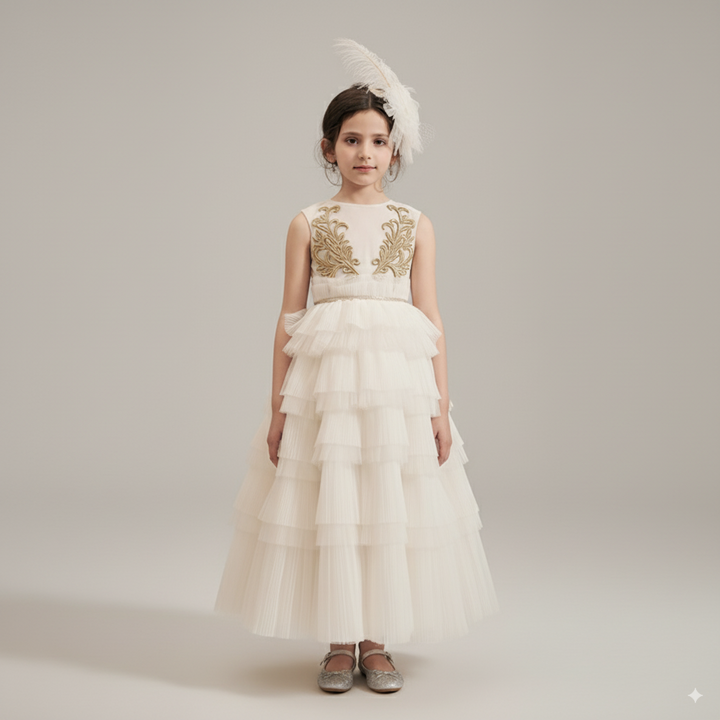 Ivory Layered Tulle Flower Girl Dress with Gold Embroidery – Special Occasion  Flower Girl Dress Plus Size