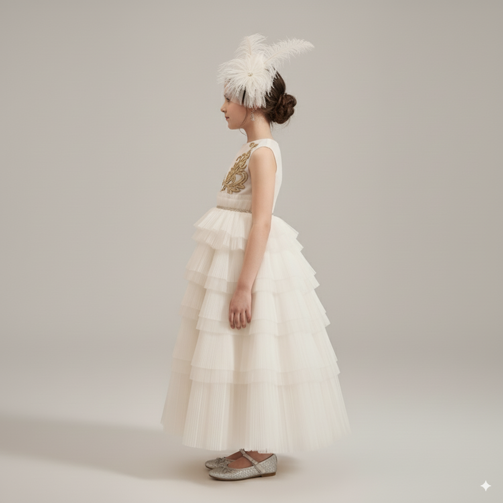 Ivory Layered Tulle Flower Girl Dress with Gold Embroidery – Special Occasion  Flower Girl Dress Plus Size