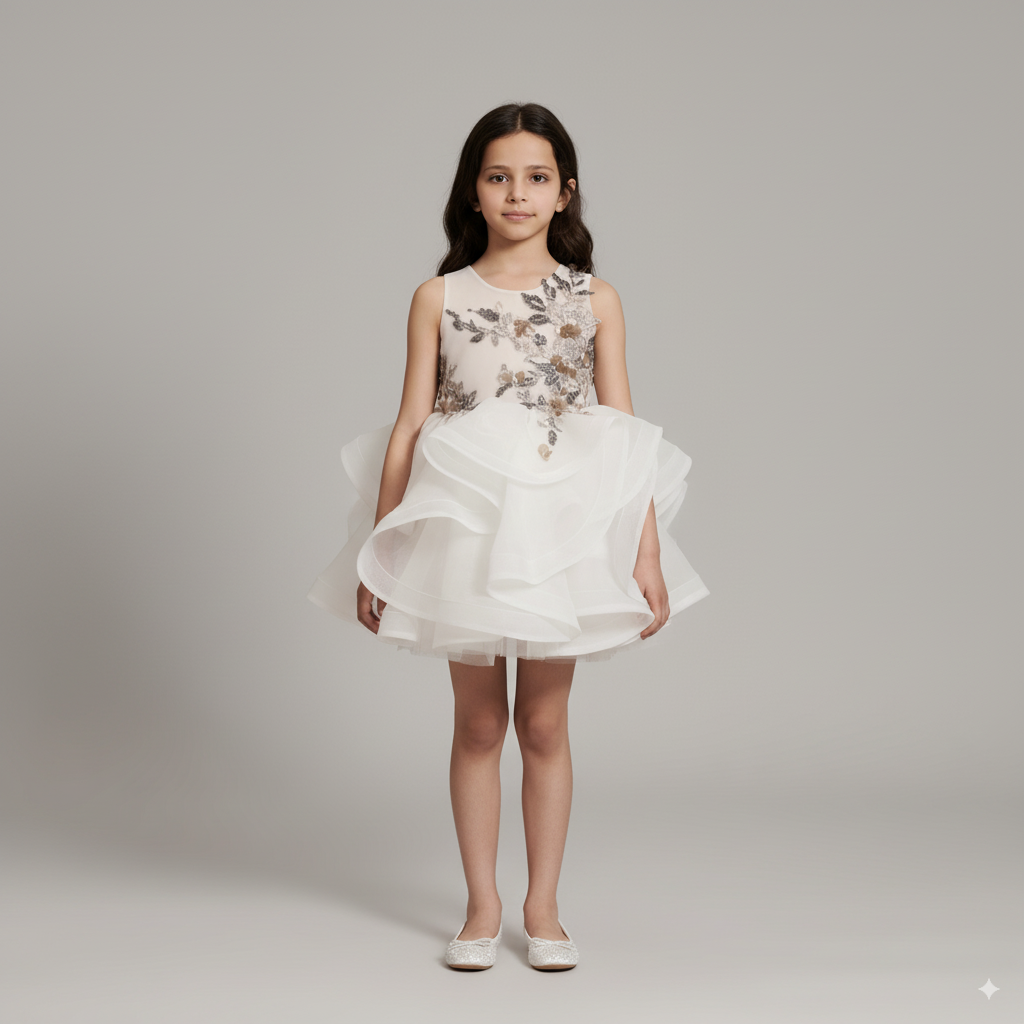 White Tulle Flower Girl Dress with 3D Floral Embroidery – Special Occasion Flower Girl Dress Plus Size
