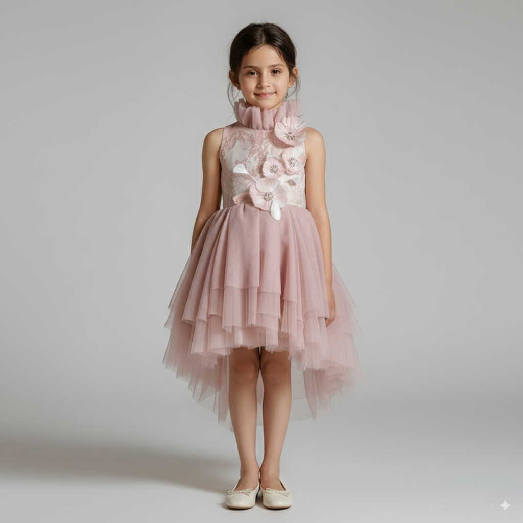 Dusty Mauve Pink Tulle Flower Girl Dress with 3D Floral Embroidery – Elegant Flower Girl Gown Plus Size