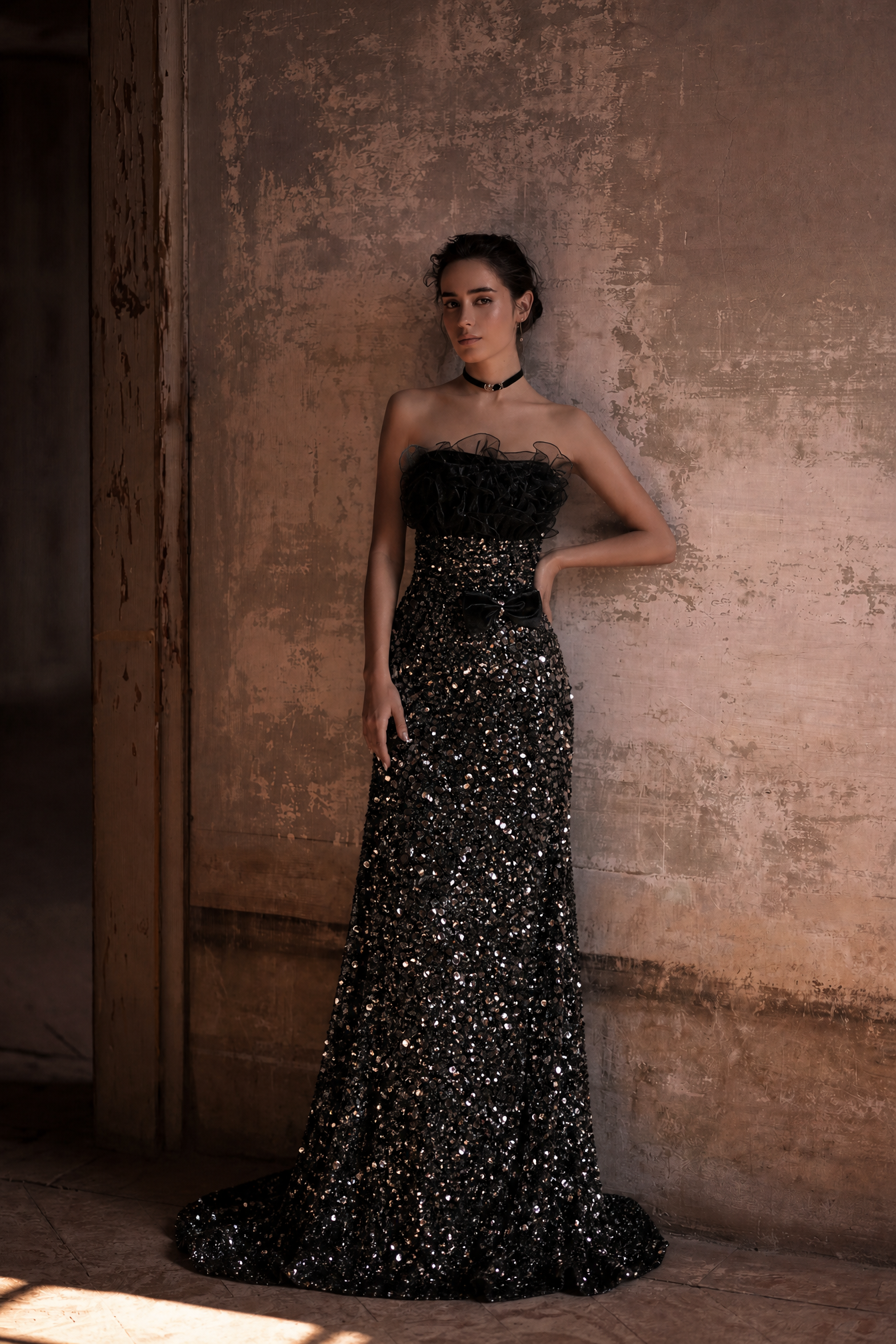 Gothic Black Dsigner Sequin Gown with Ruffled Bodice and Strapless – Black Formal Wear Dresses with Corset Back Plus Size