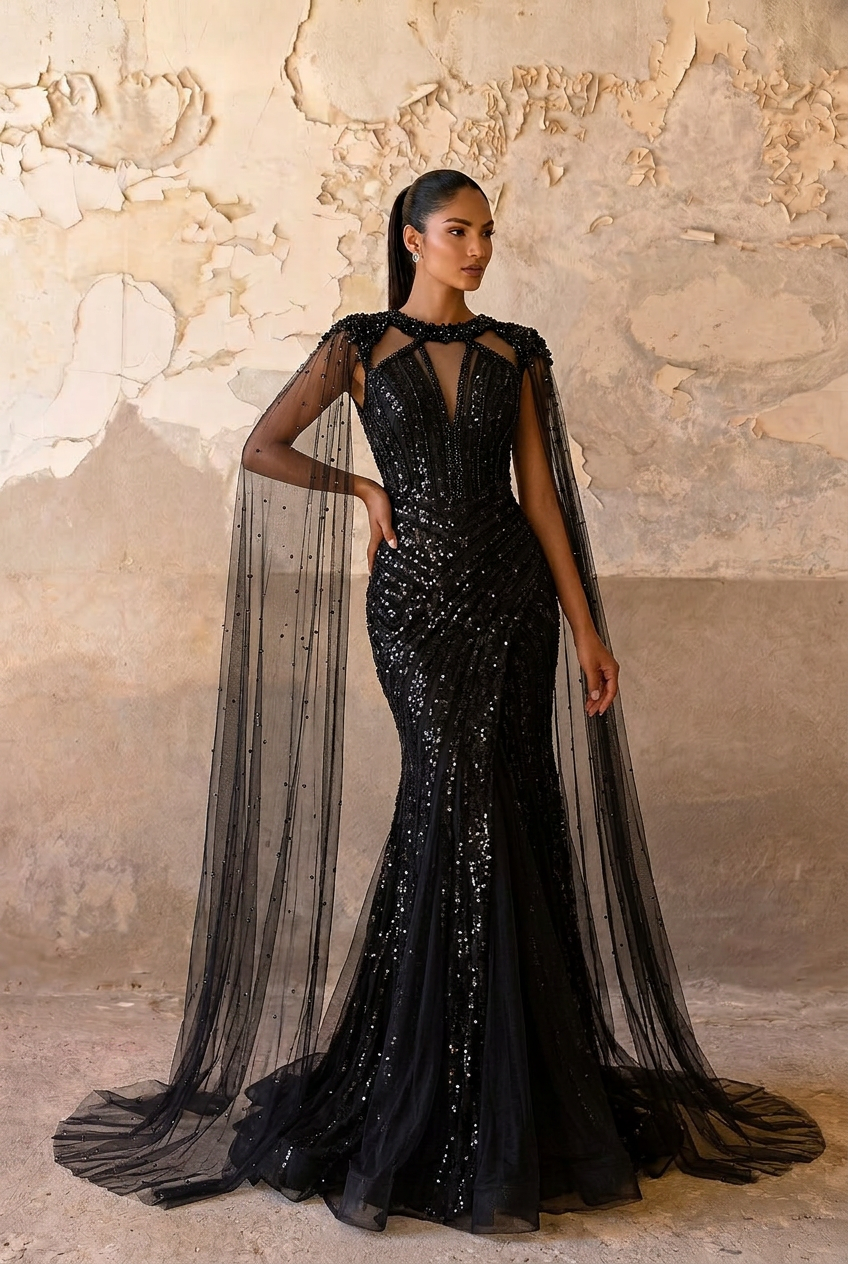 Gothic Black Sequin Evening Dress with Long Cape Sleeves