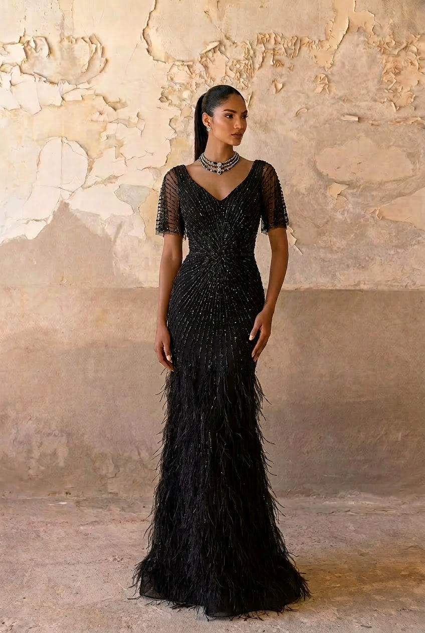 Gothic Black Sequin and Feather Evening Gown