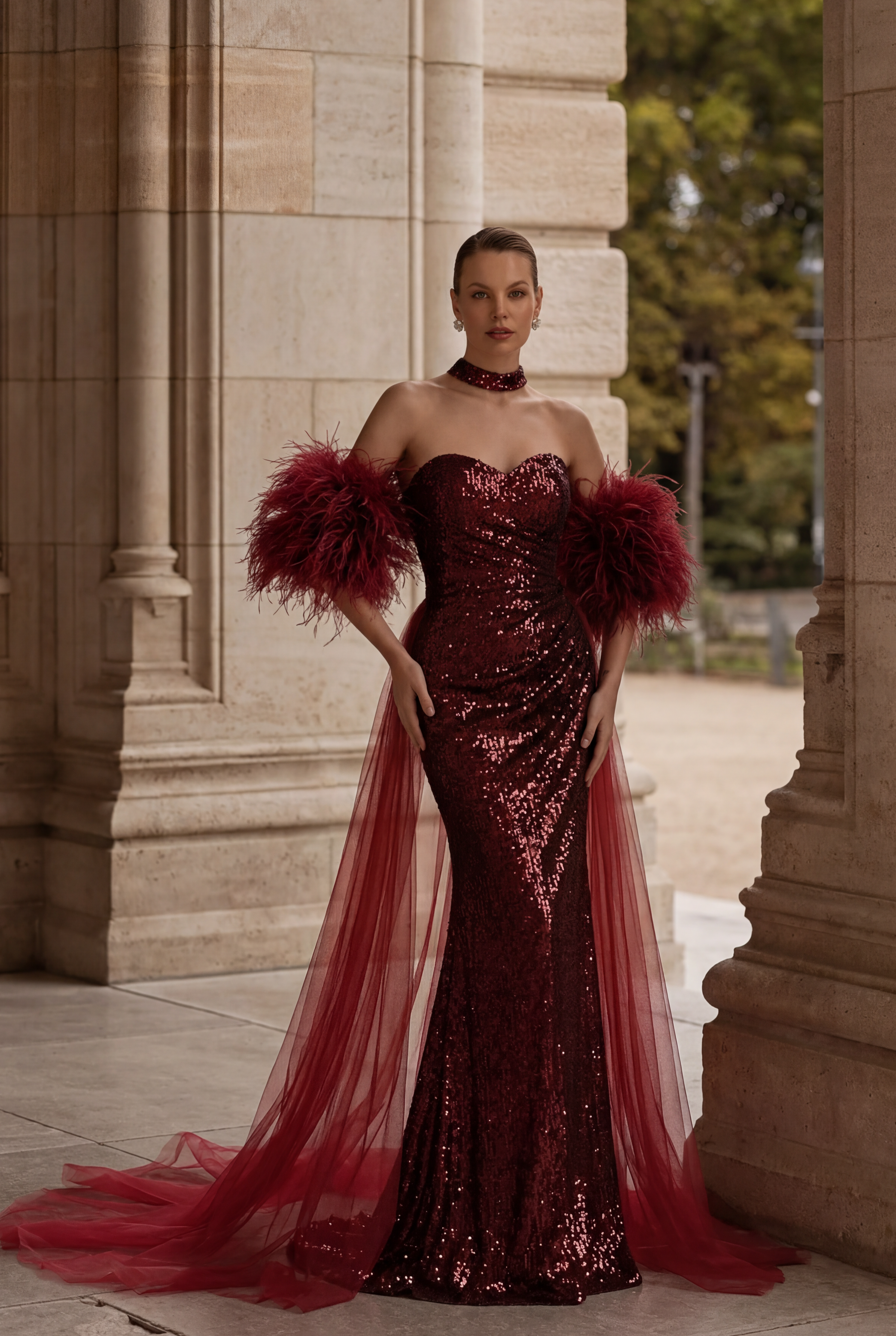 Gothic Burgundy Sequin Evening Dress with Feathered Sleeves - Gothic Red Evening Gown with TullePlus Size Gothic Burgundy Sequin Evening Dress with Feathered Sleeves - Gothic Red Evening Gown with TullePlus Size
