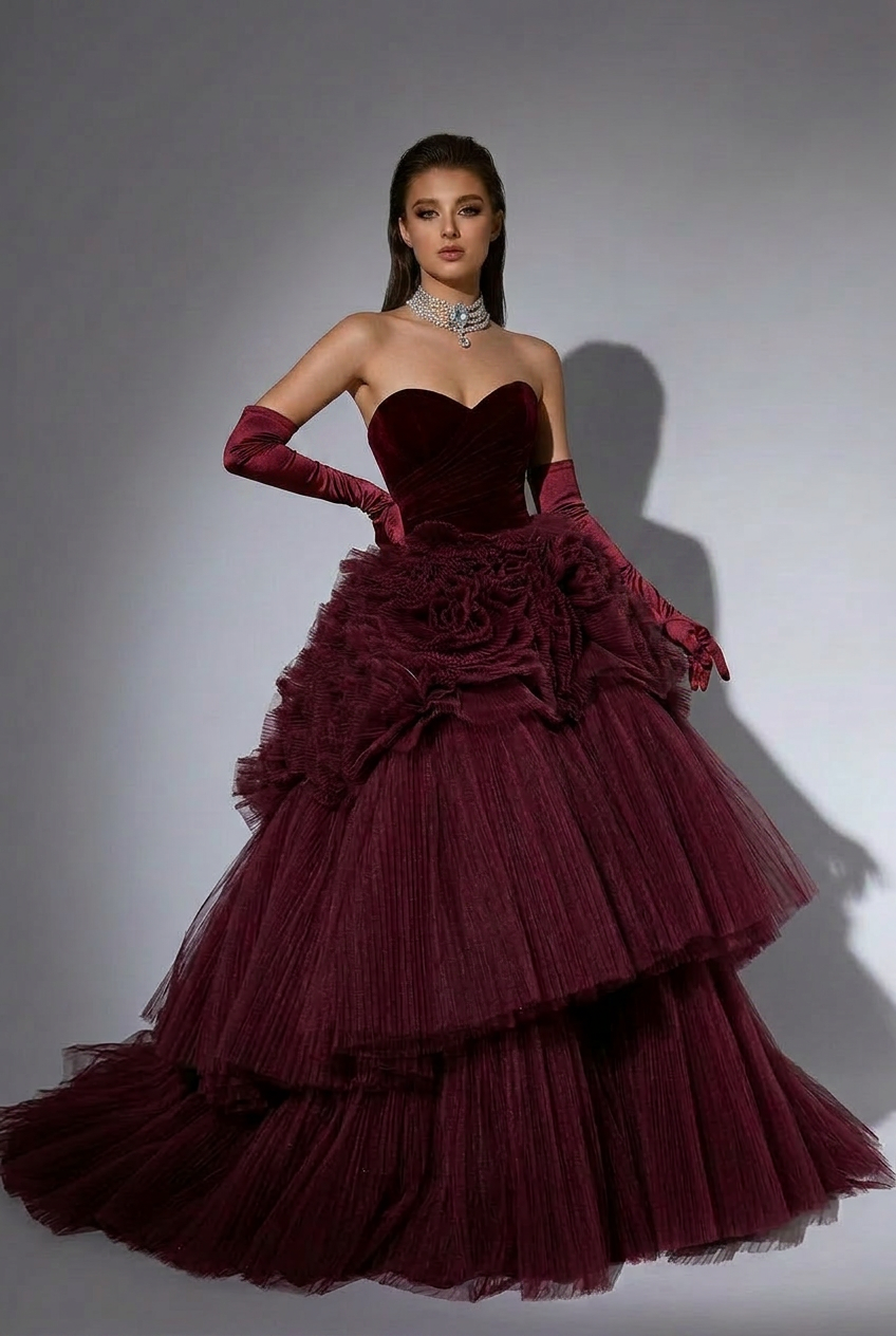 Gothic Burgundy Tiered Tulle Wedding Dress with Floral Appliqué Gothic Burgundy Tiered Tulle Wedding Dress with Floral Appliqué