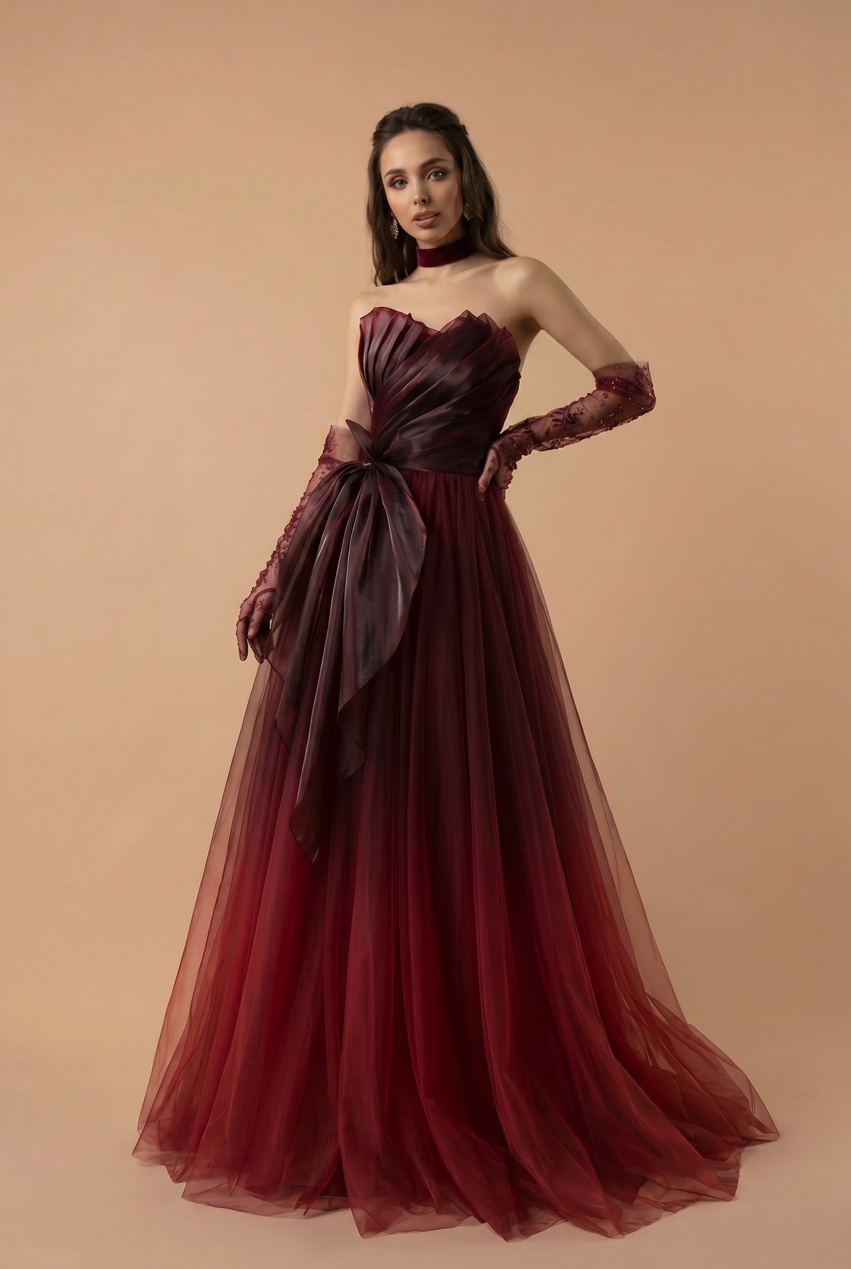 Gothic Strapless Burgundy Tulle Wedding Dress With Asymmetric Gauze Plus Size Size 24W / Red
