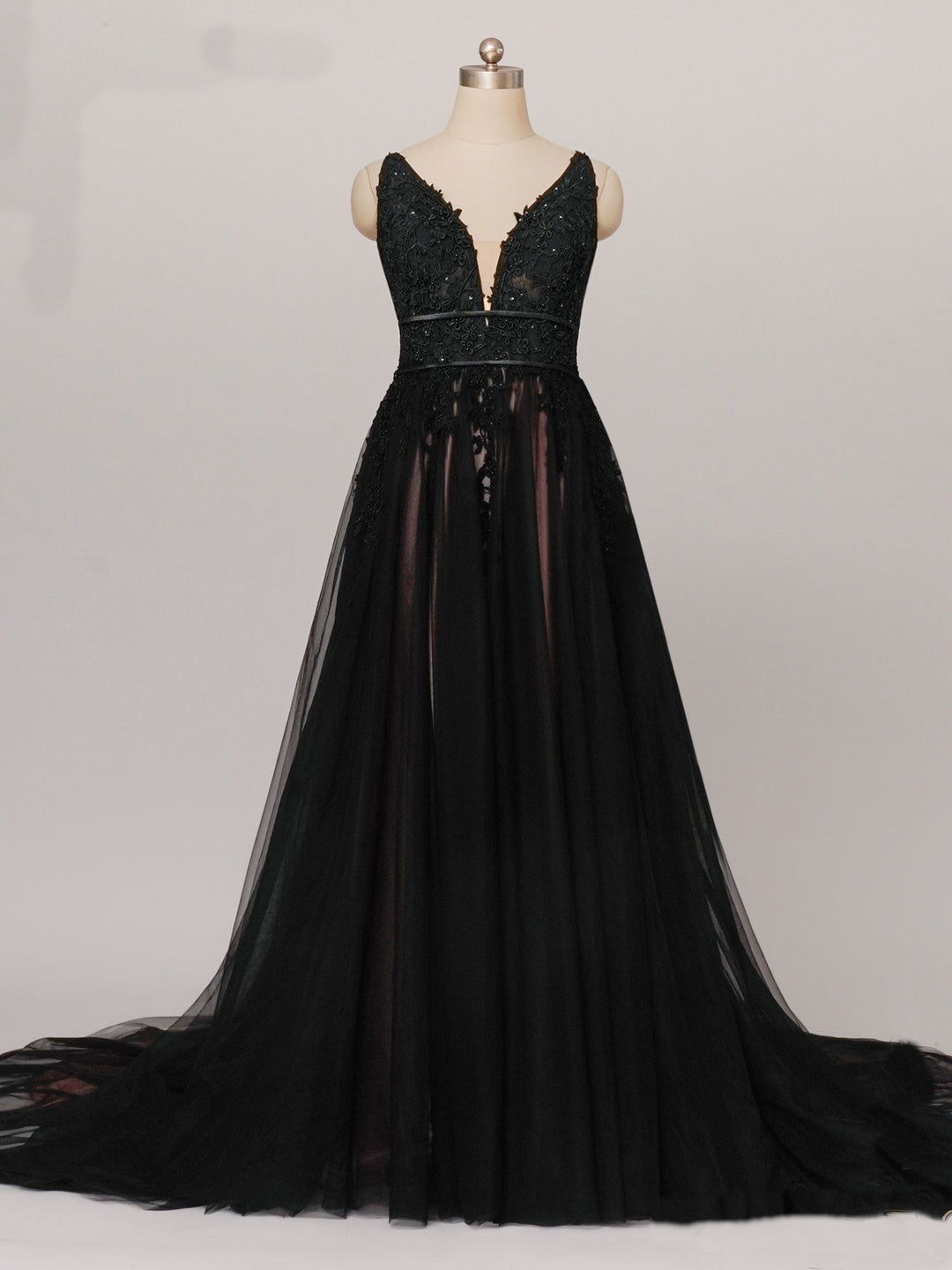 Gothic Black Lace A-Line Wedding Dress with V-Neck - Aline Ball Gown Wedding Dress with Sheer Train Plus Size