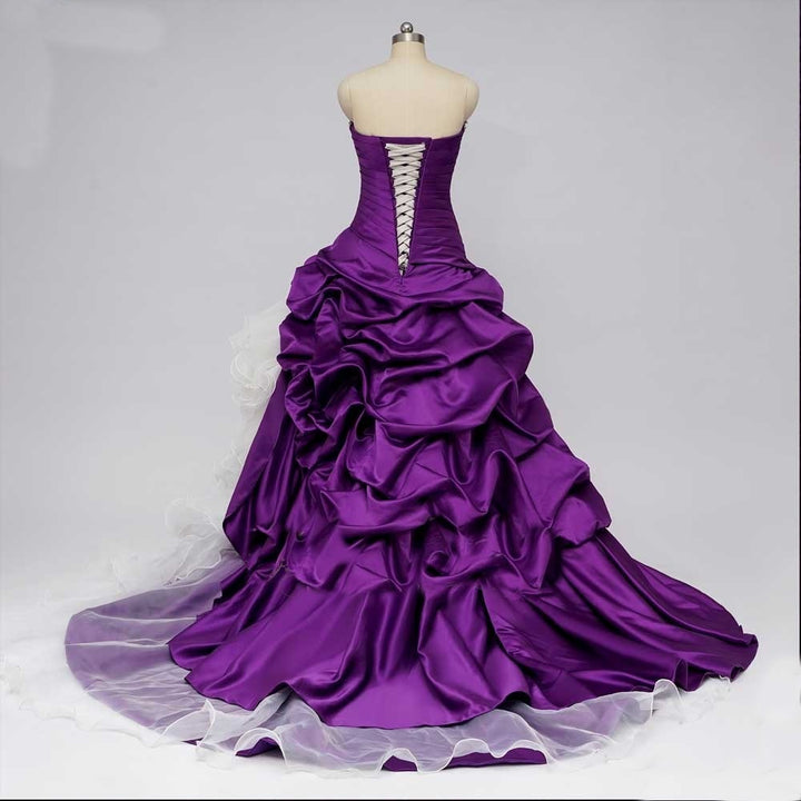 Gothic Purple Satin Ball Gown Wedding Dress with Ruffled Skirt - Strapless Sweetheart Neckline Gothic Wedding Dress with Corset Back Plus Size