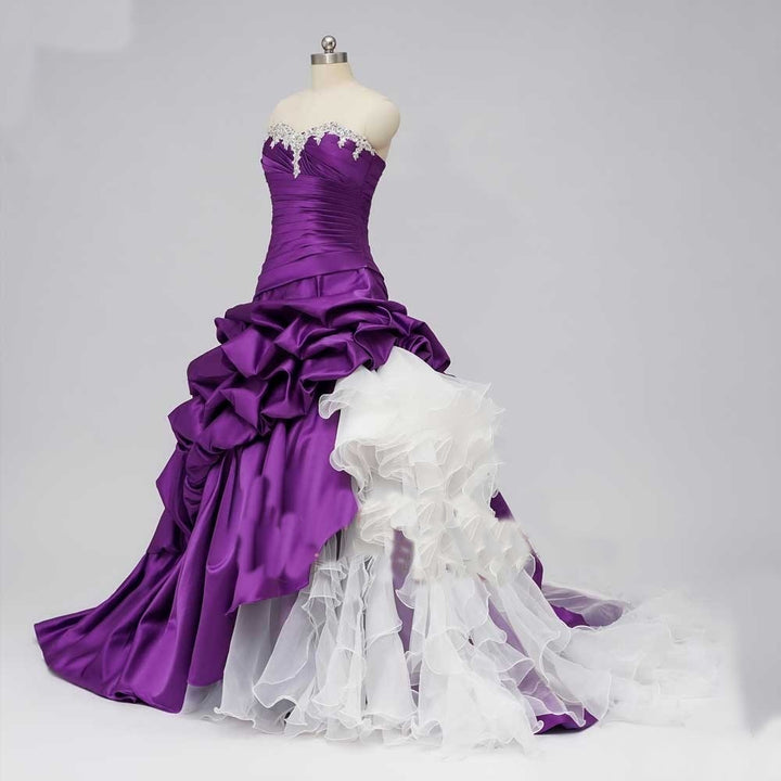 Gothic Purple Satin Ball Gown Wedding Dress with Ruffled Skirt - Strapless Sweetheart Neckline Gothic Wedding Dress with Corset Back Plus Size