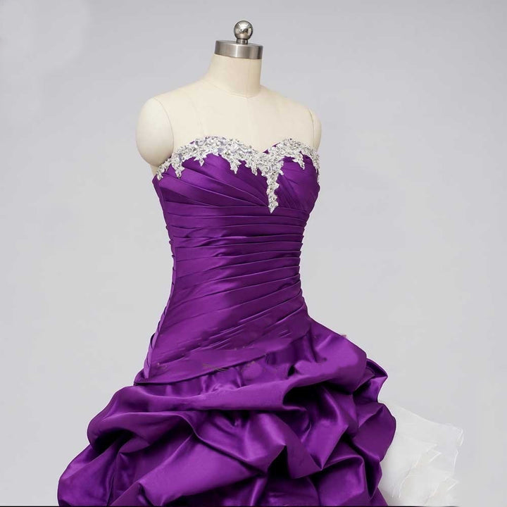 Gothic Purple Satin Ball Gown Wedding Dress with Ruffled Skirt - Strapless Sweetheart Neckline Gothic Wedding Dress with Corset Back Plus Size