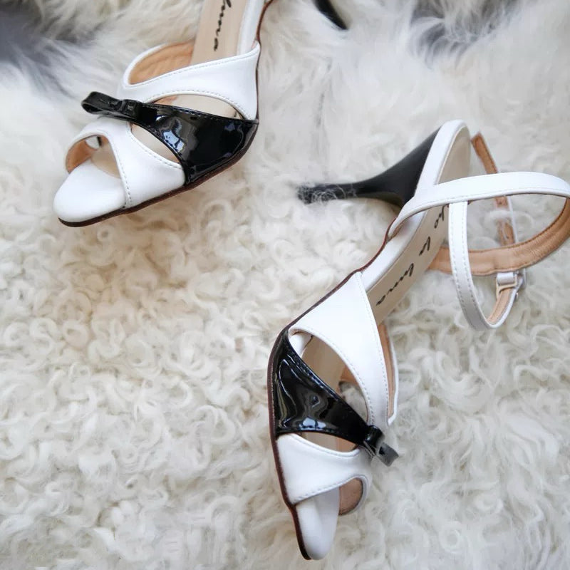 Moonlight Duet – Handmade White and Black Leather Tango Heels